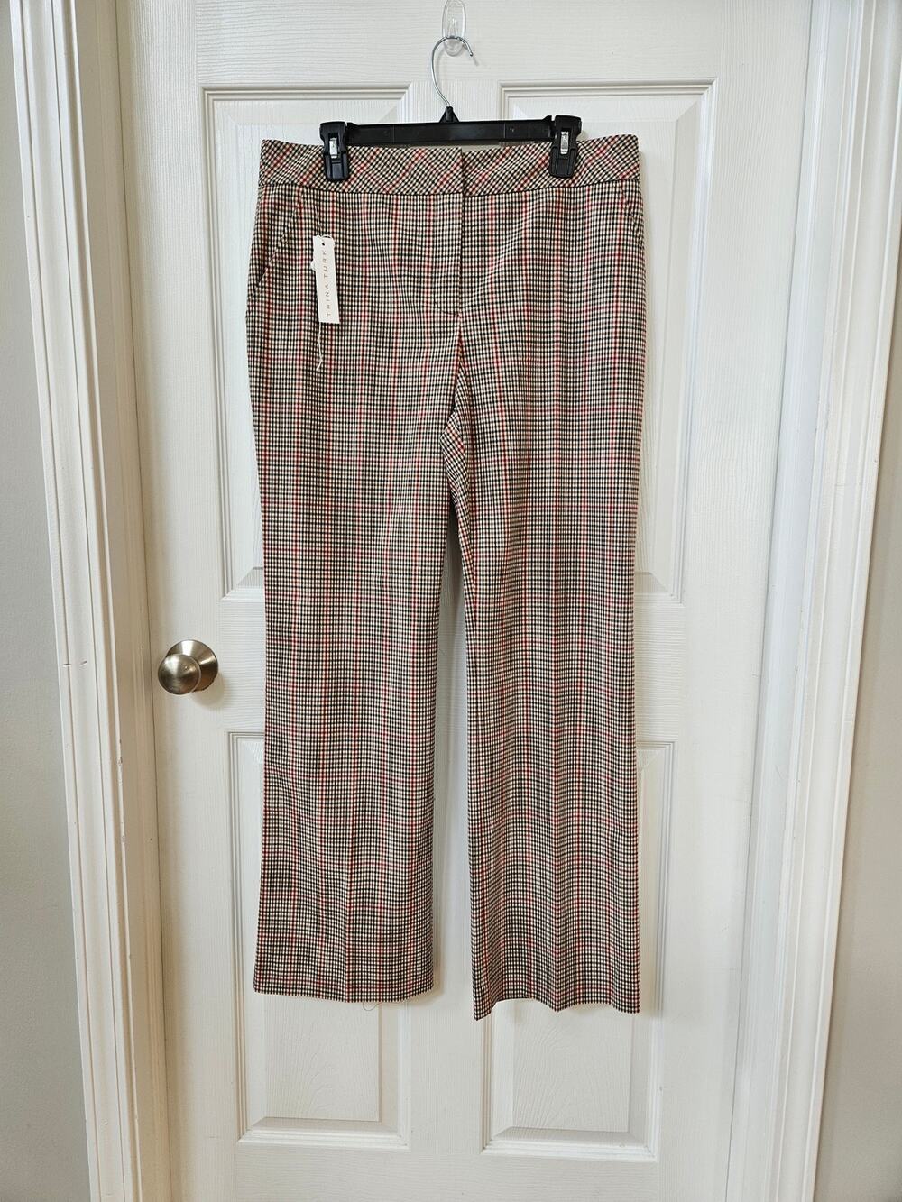 NWT Trina Turk Pants Women's 12 Brown Plaid Straight Leg Stretch Career $268
